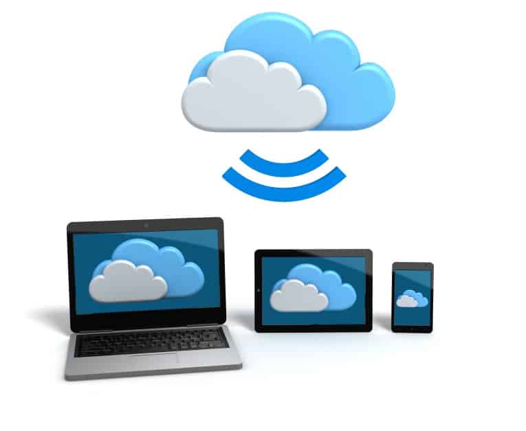 a laptop tablet and phone connected via cloud