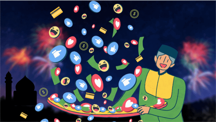 Illustration of a boy throwing money, credit cards, facebook like icons with a mosque and fireworks in the background